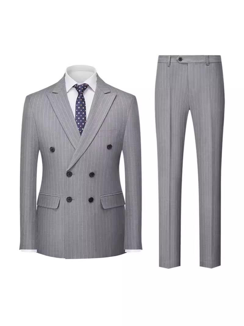 Men's Formal Striped 2 Pieces Double Breasted Peak Lapel Suit Tuxedos (Blazer+Pants）