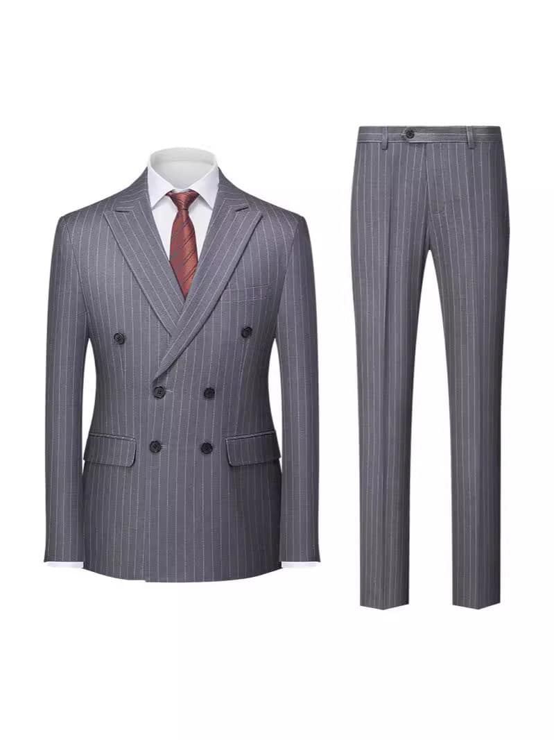 Men's Formal Striped 2 Pieces Double Breasted Peak Lapel Suit Tuxedos (Blazer+Pants）