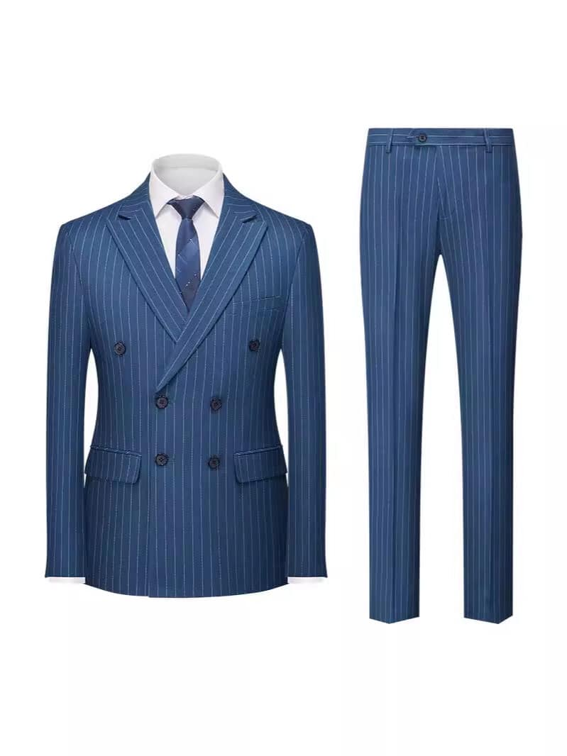 Men's Formal Striped 2 Pieces Double Breasted Peak Lapel Suit Tuxedos (Blazer+Pants）