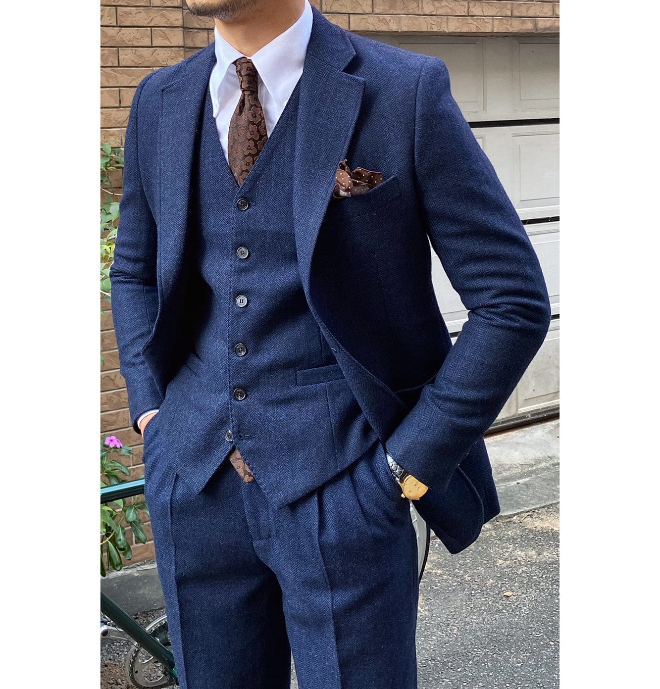 ceehuteey 3 Piece Mens Suit Herringbone Notch Lapel Tuxedos (Blazer+Vest+Pants)