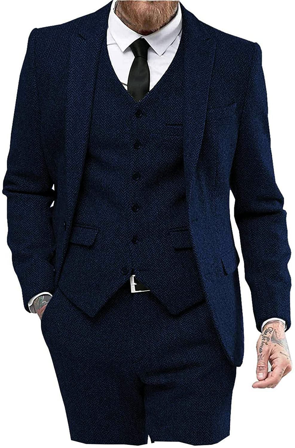 ceehuteey 3 Piece Mens Suit Herringbone Peak Lapel Tuxedos (Blazer+vest+Pants)