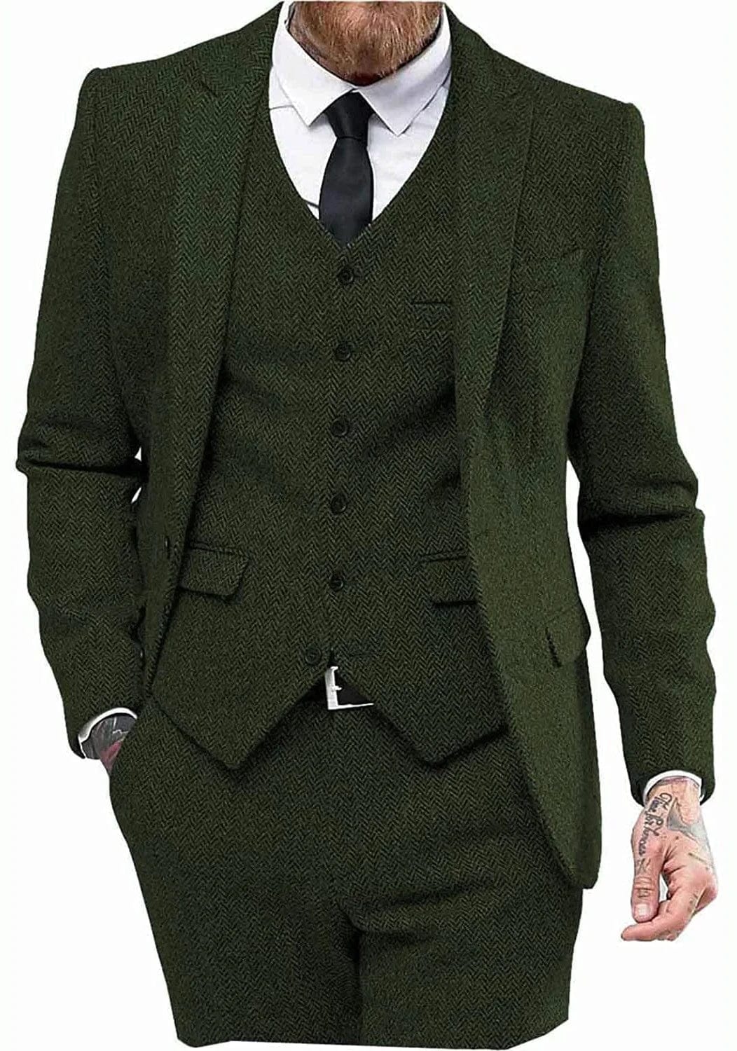 ceehuteey 3 Piece Mens Suit Herringbone Peak Lapel Tuxedos (Blazer+vest+Pants)