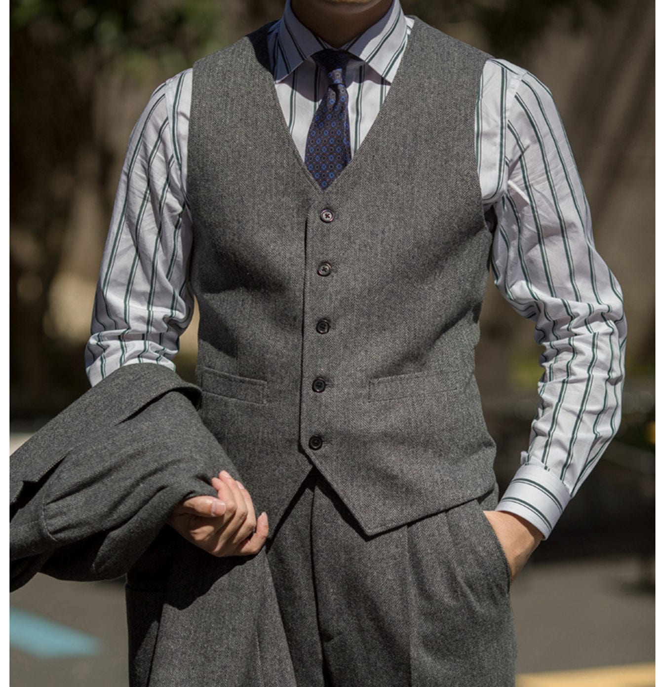 ceehuteey Classic Men‘s  Herringbone v Neck 2 Pieces（Waistcoat+Pants）