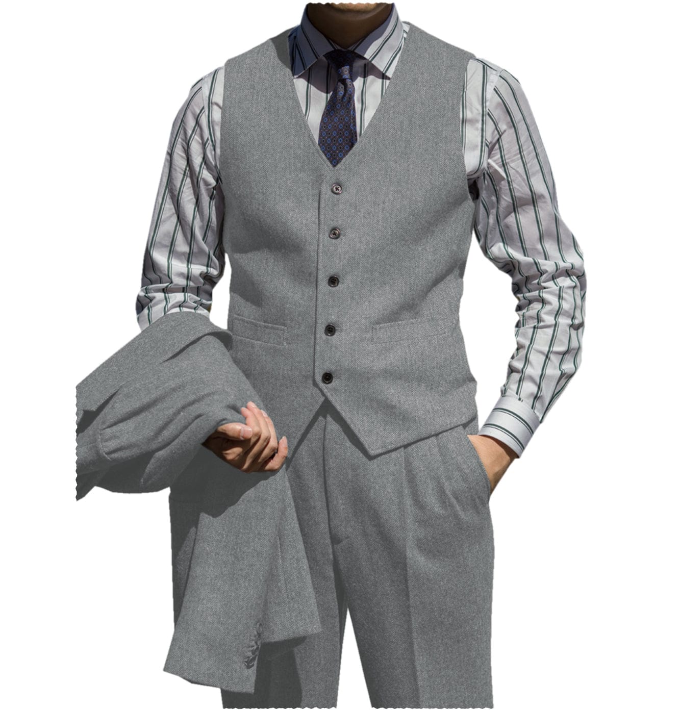 ceehuteey Classic Men‘s  Herringbone v Neck 2 Pieces（Waistcoat+Pants）