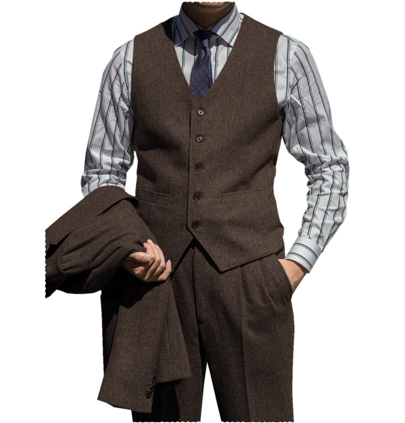 ceehuteey Classic Men‘s  Herringbone v Neck 2 Pieces（Waistcoat+Pants）