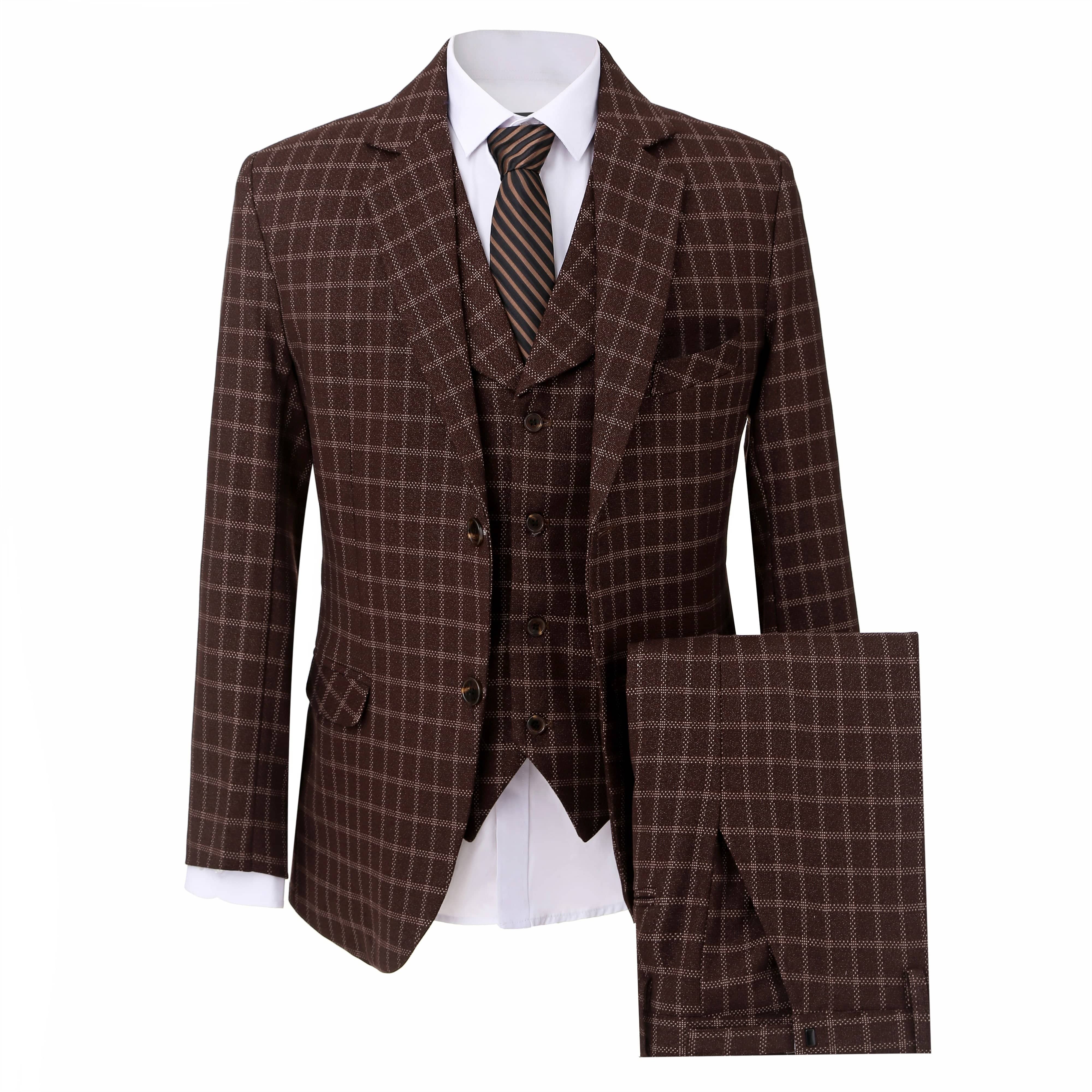 ceehuteey Formal Men's Vintage 3 Pieces Tweed Plaid Notch Lapel Suit Men for Wedding Or Party(Blazer+vest+Pants)