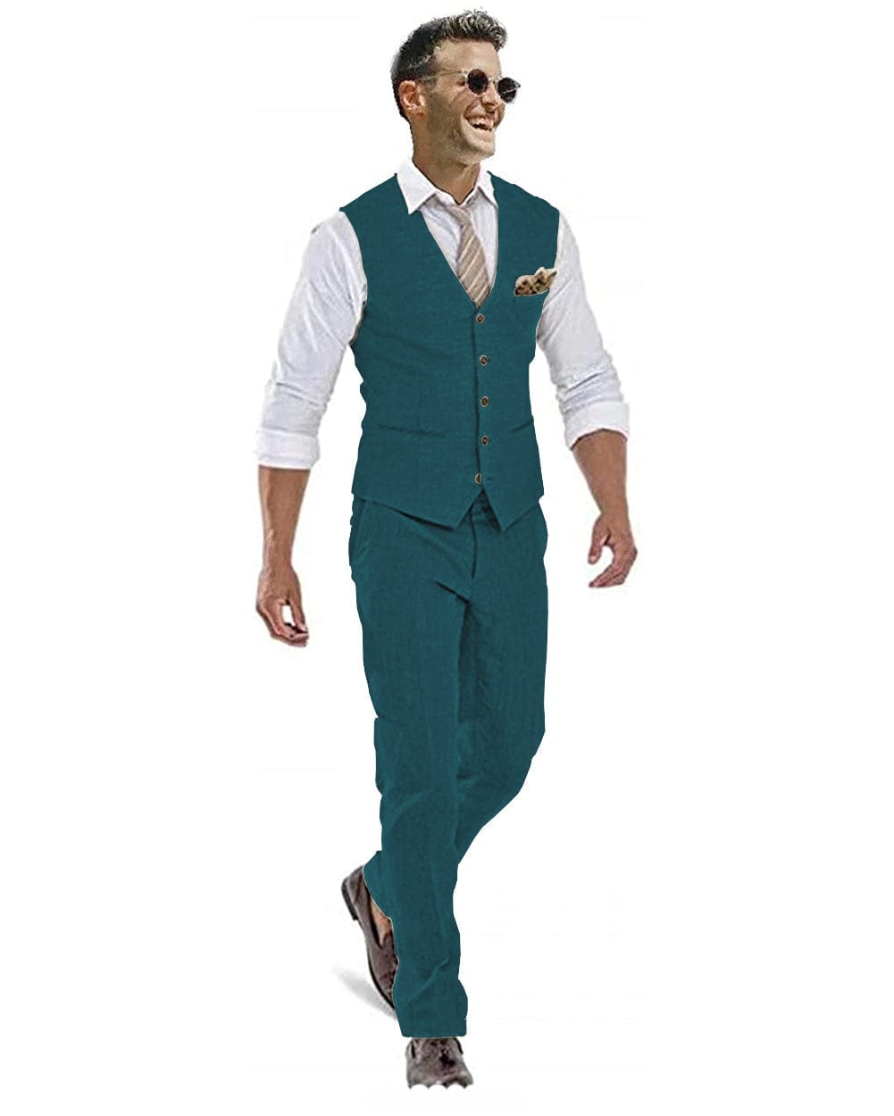 ceehuteey Linen Casual 2 Pieces Mens Suit Flat V Neck Groomsmen (Vest + Pants)