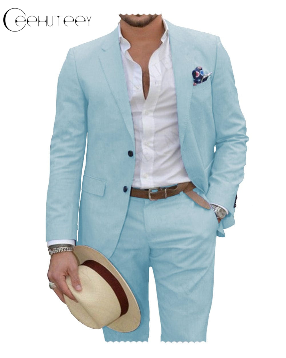 ceehuteey Linen Suit for Men Casual Wedding Suit for Men (Blazer+Pants)
