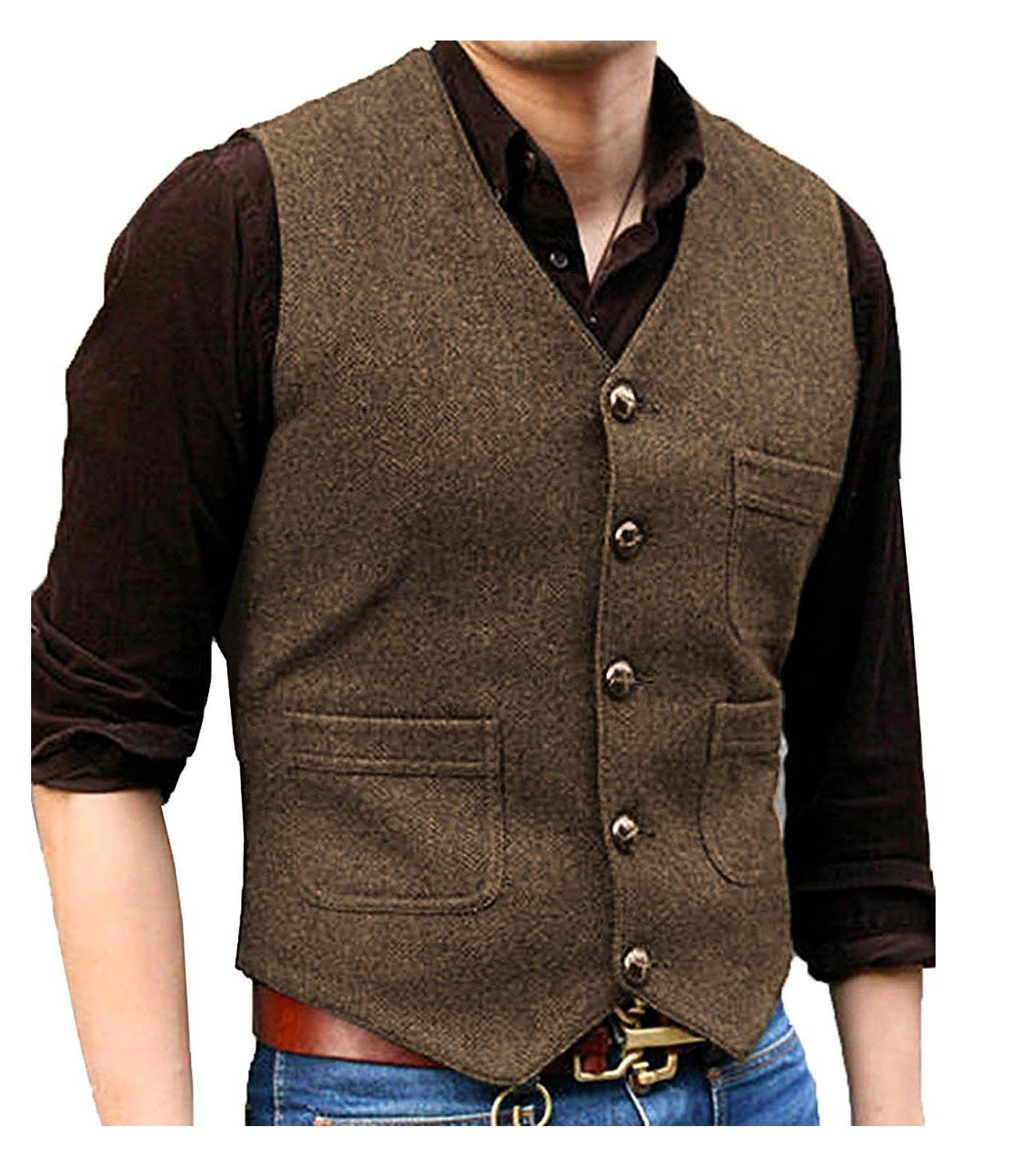 ceehuteey Men's Casual Tweed Herringbone V Neck Waistcoat