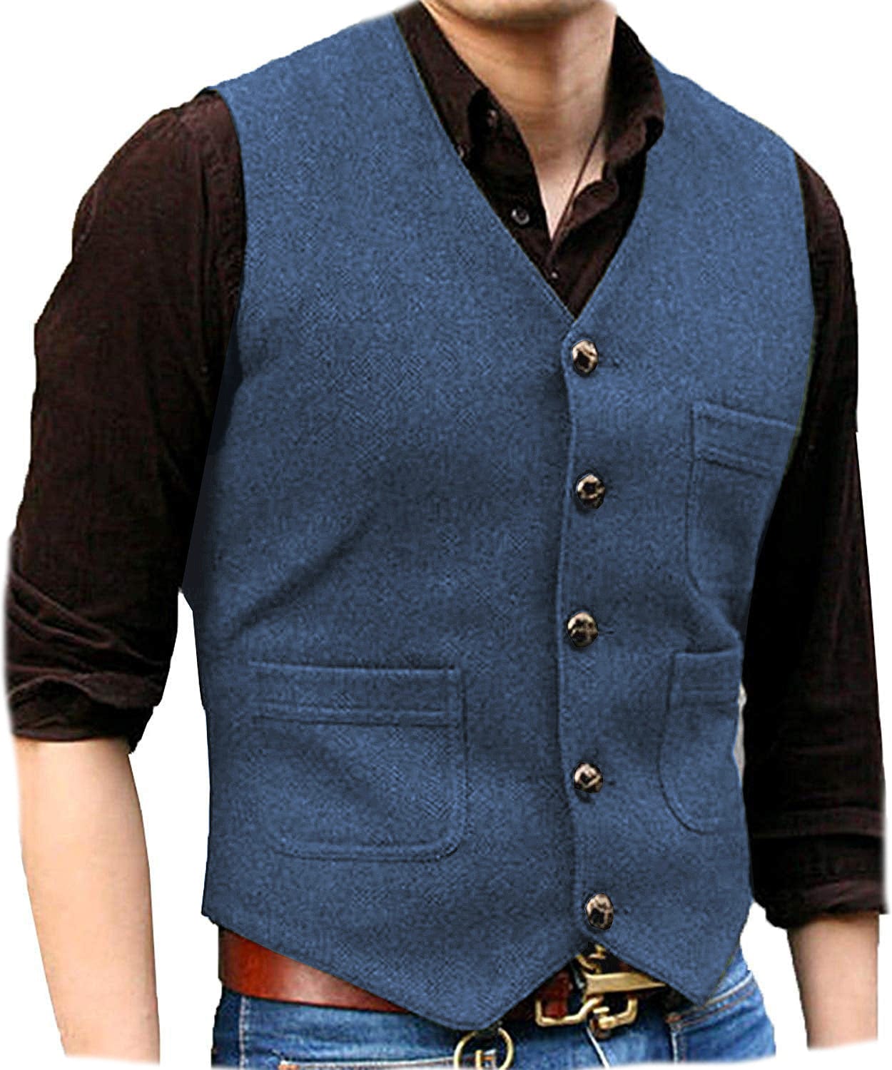 ceehuteey Men's Casual Tweed Herringbone V Neck Waistcoat