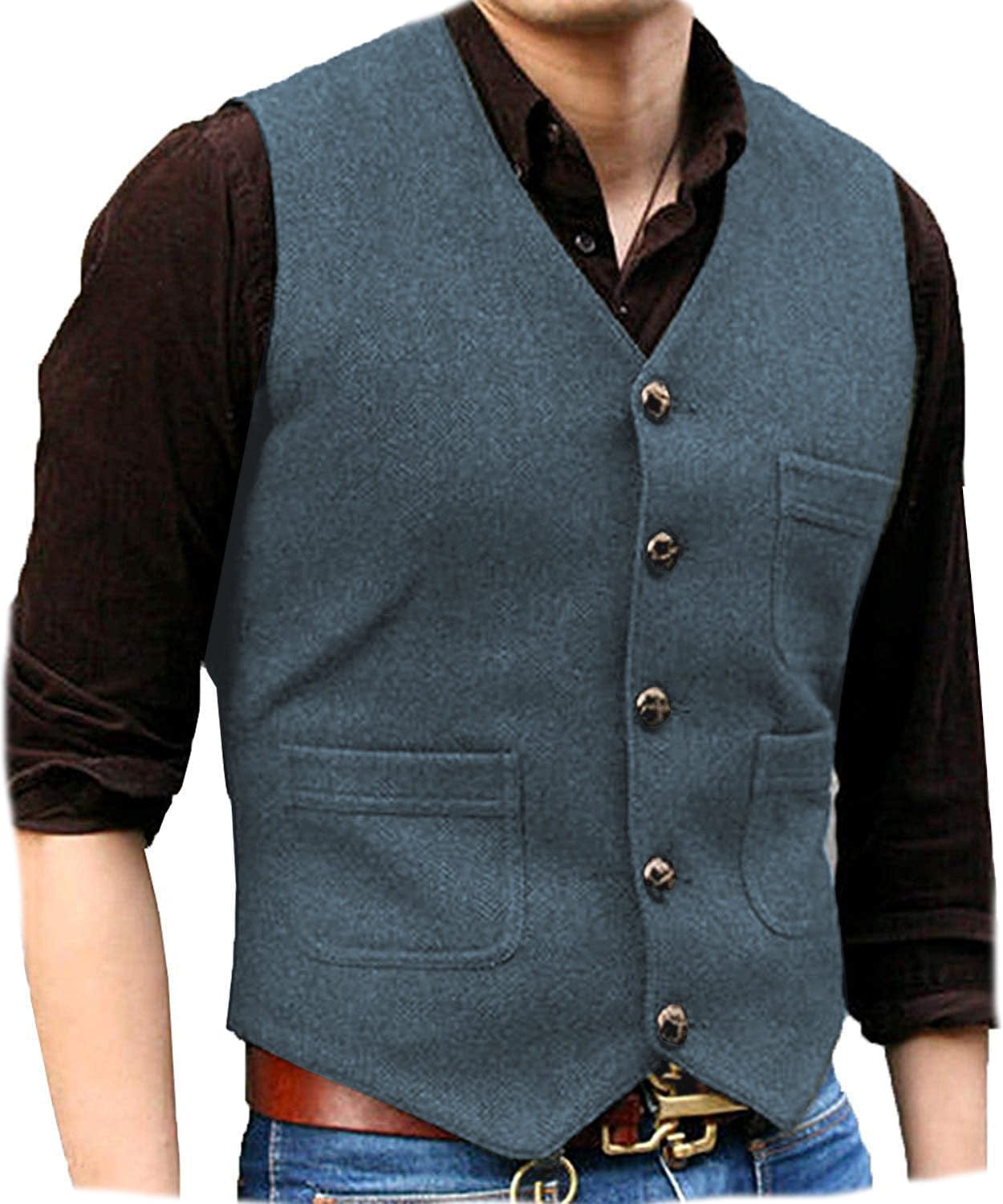 ceehuteey Men's Casual Tweed Herringbone V Neck Waistcoat