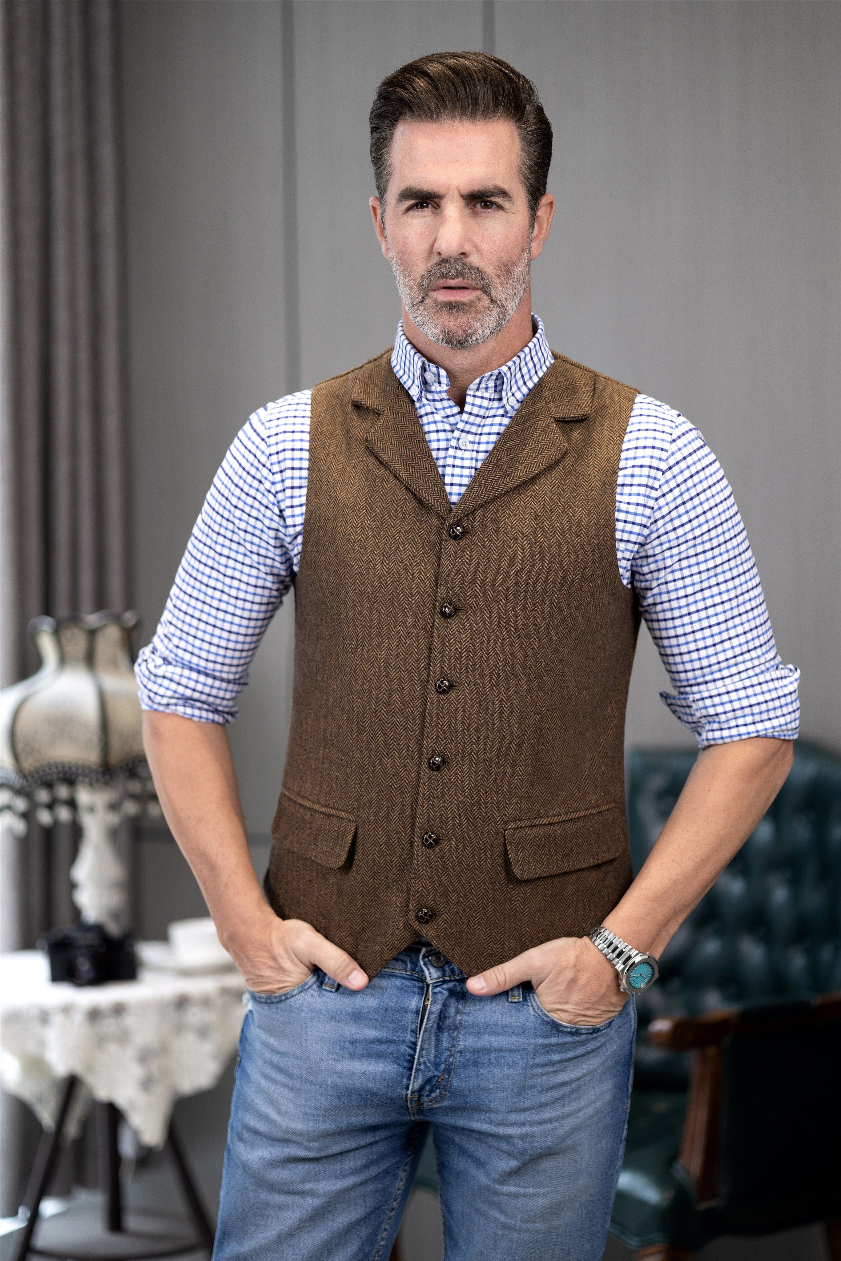 ceehuteey Men's Casual Vest Tweed Herringbone  Notch Lapel Waistcoat