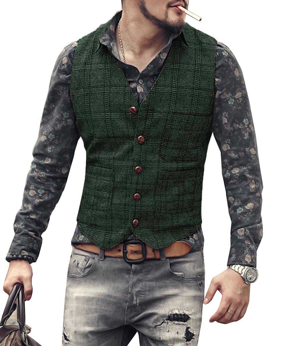 ceehuteey Men's Causual Plaid Tweed V Neck Waistcoat