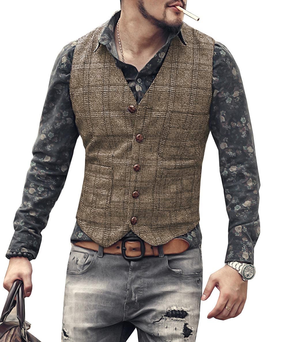 ceehuteey Men's Causual Plaid Tweed V Neck Waistcoat