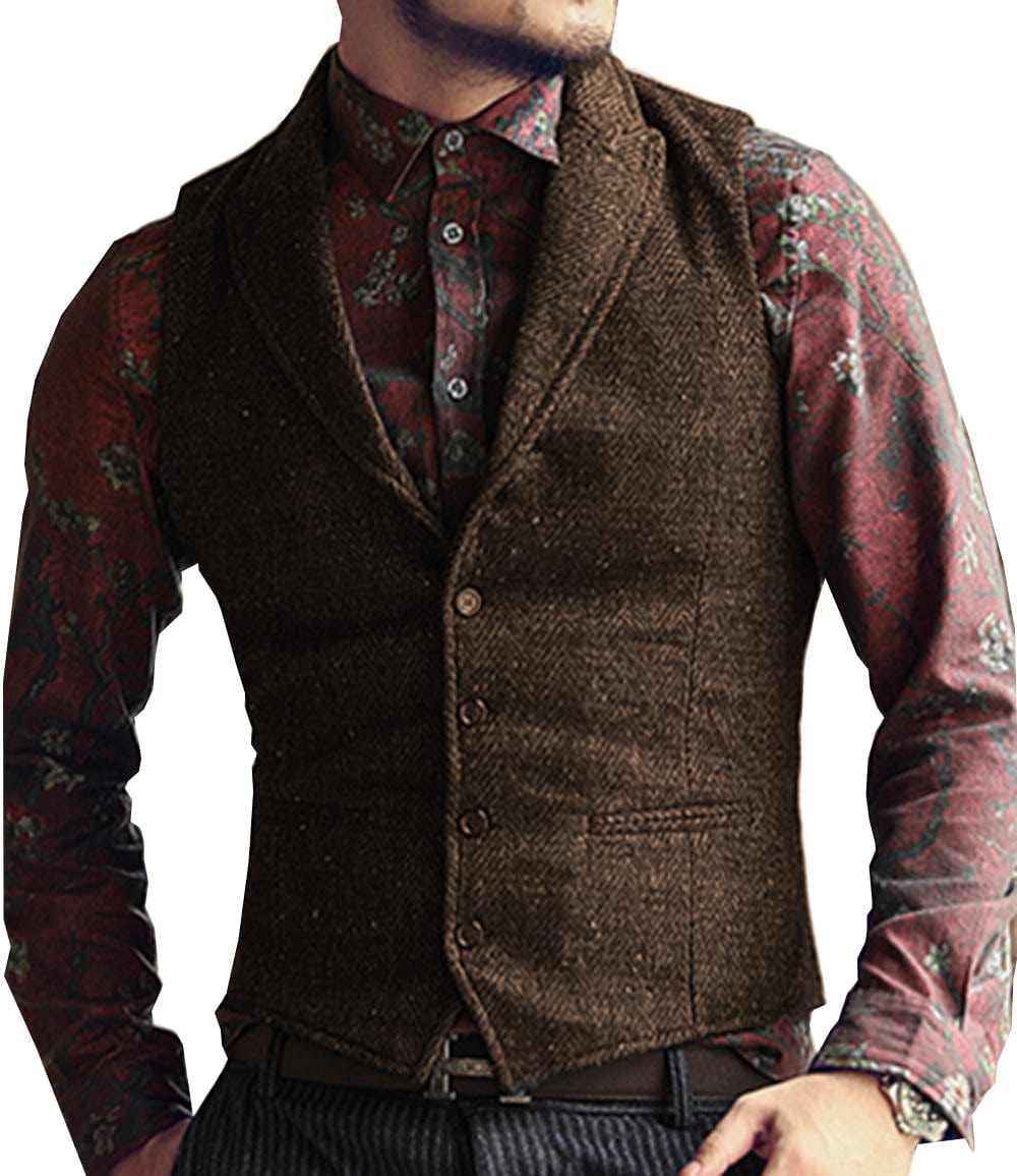 ceehuteey Men's Classic Peak Lapel Tweed Herringbone Waistcoat