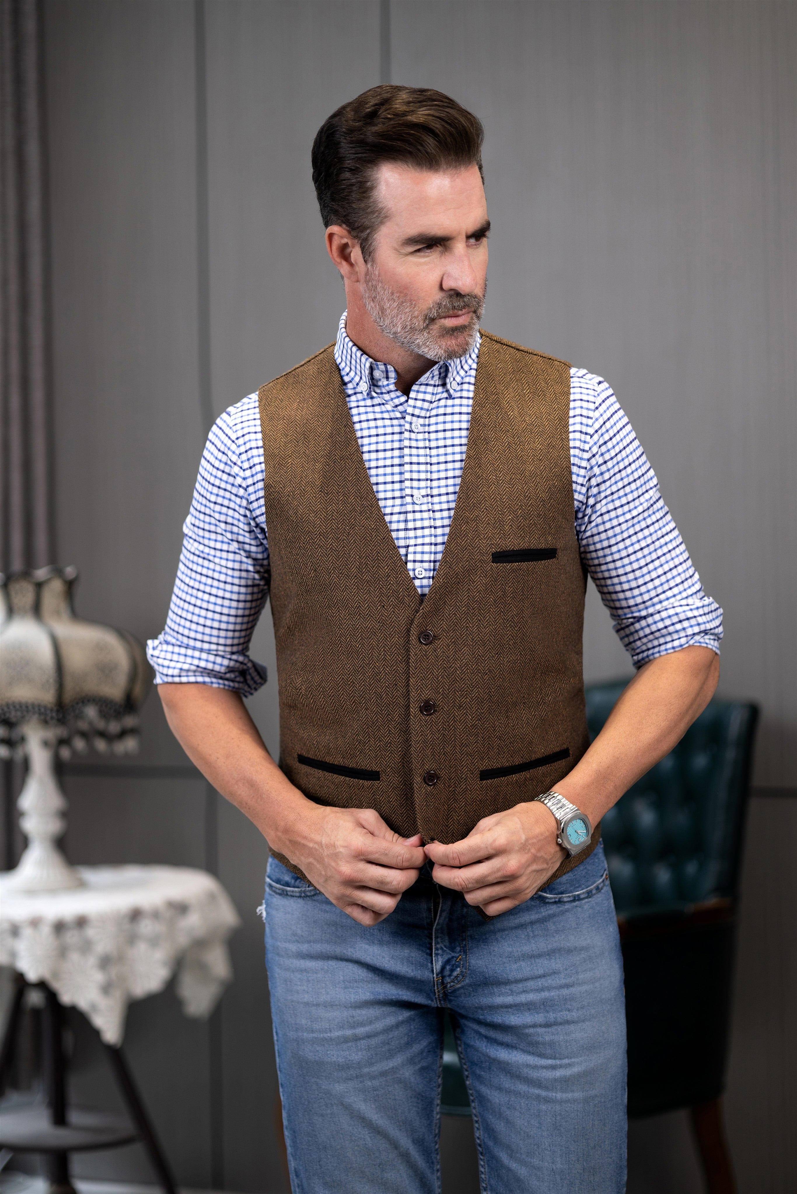 ceehuteey Men's Fashion Herringbone V Neck Waistcoat