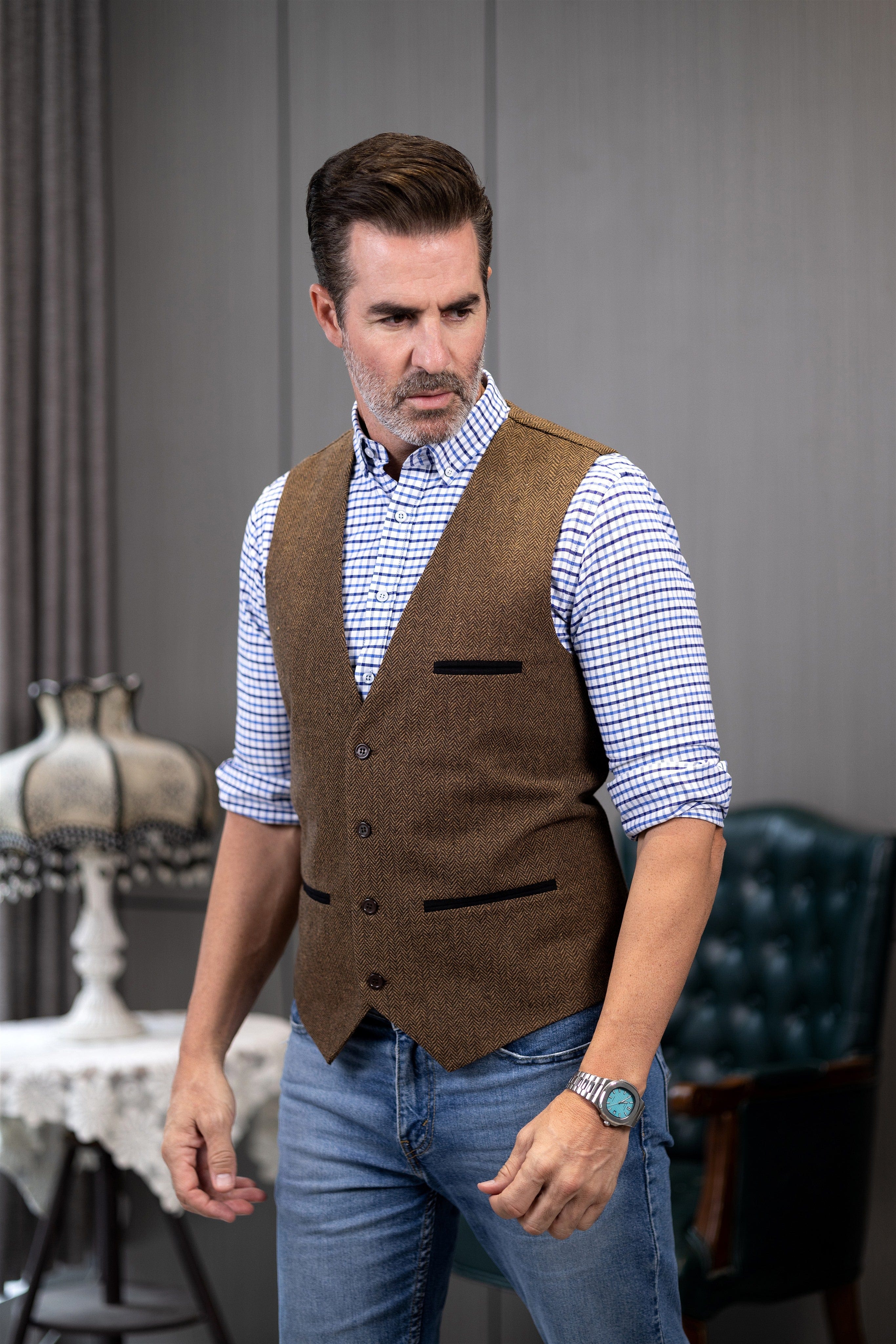 ceehuteey Men's Fashion Herringbone V Neck Waistcoat