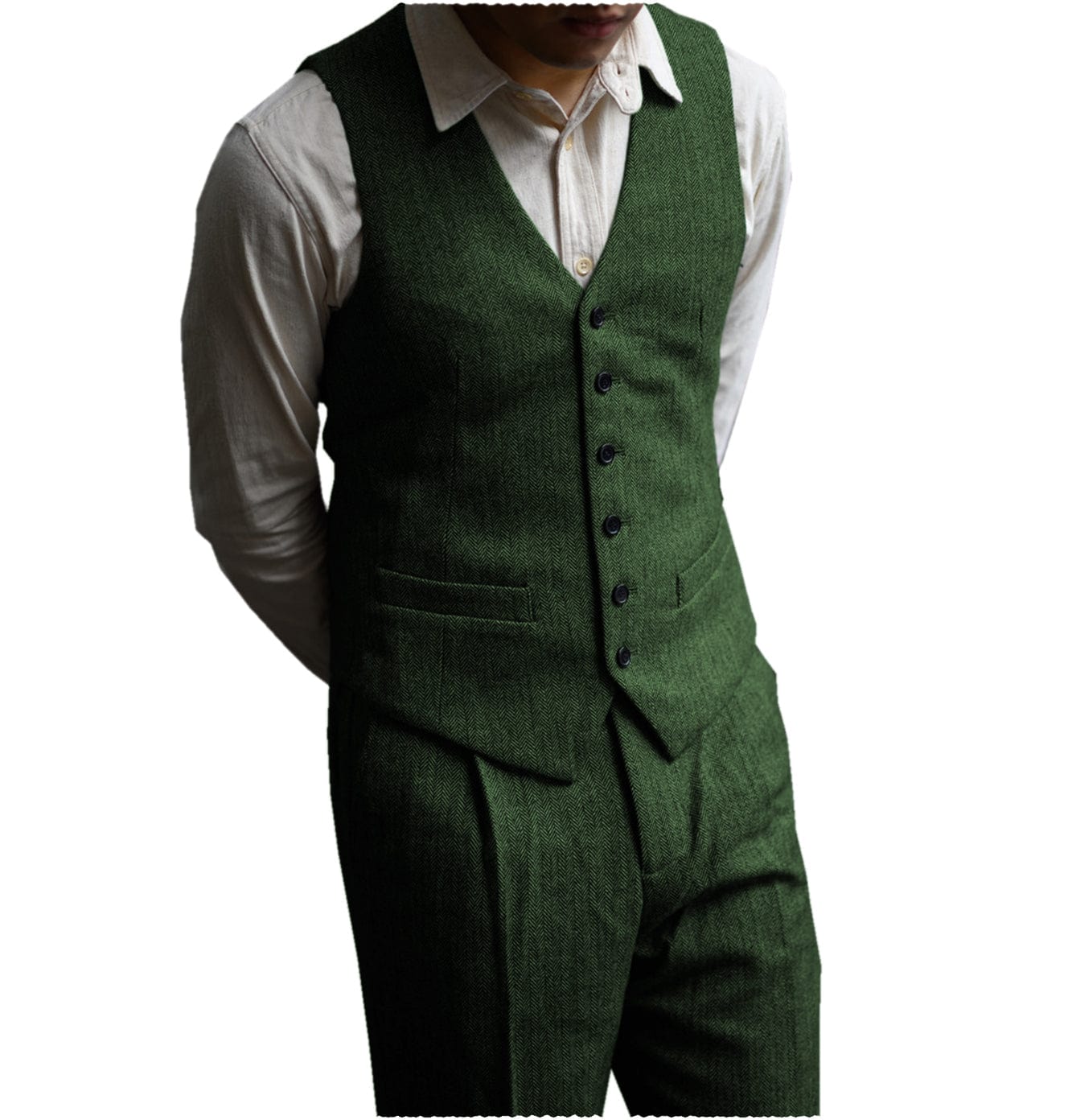 ceehuteey Men‘s Formal Herringbone v Neck 2 Pieces （Waistcoat+Pants）