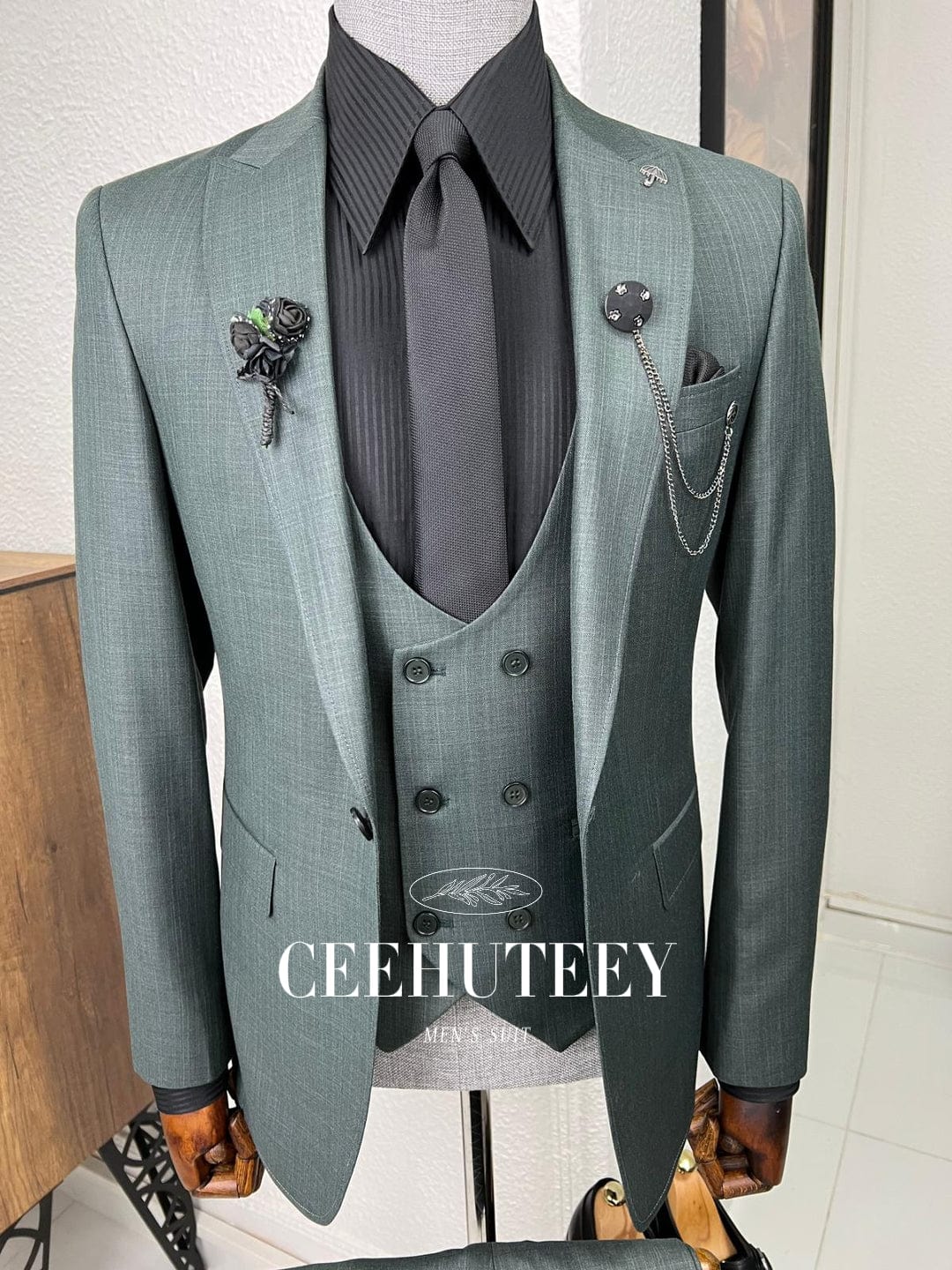 ceehuteey Men's Formal Linen Fit 3-Piece Double Breasted Suits Wedding Groosmen Suits Prom Tuxedo (Blazer+vest+Pants)