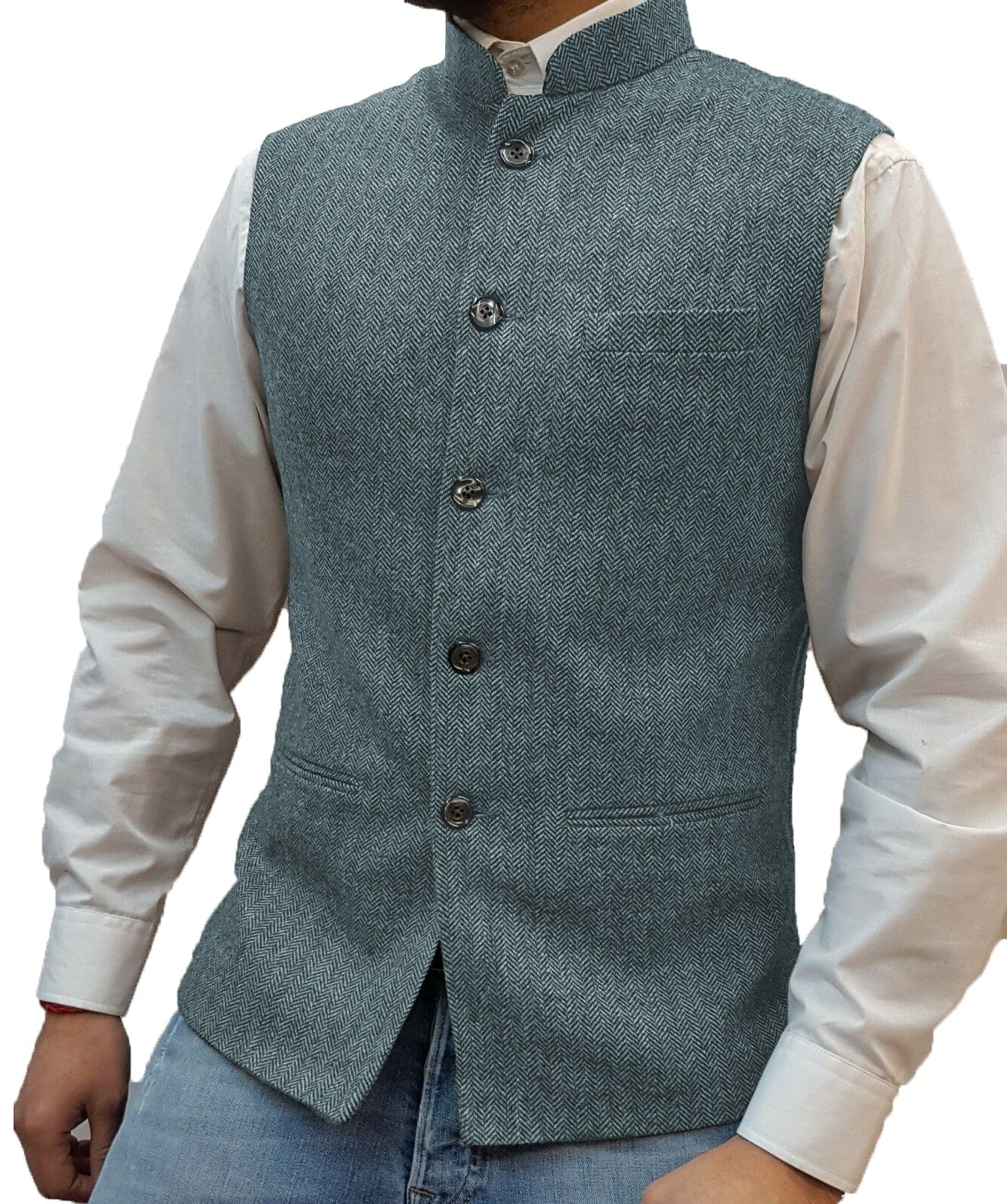 ceehuteey Men's Herringbone Stand Collar Formal Waistcoat