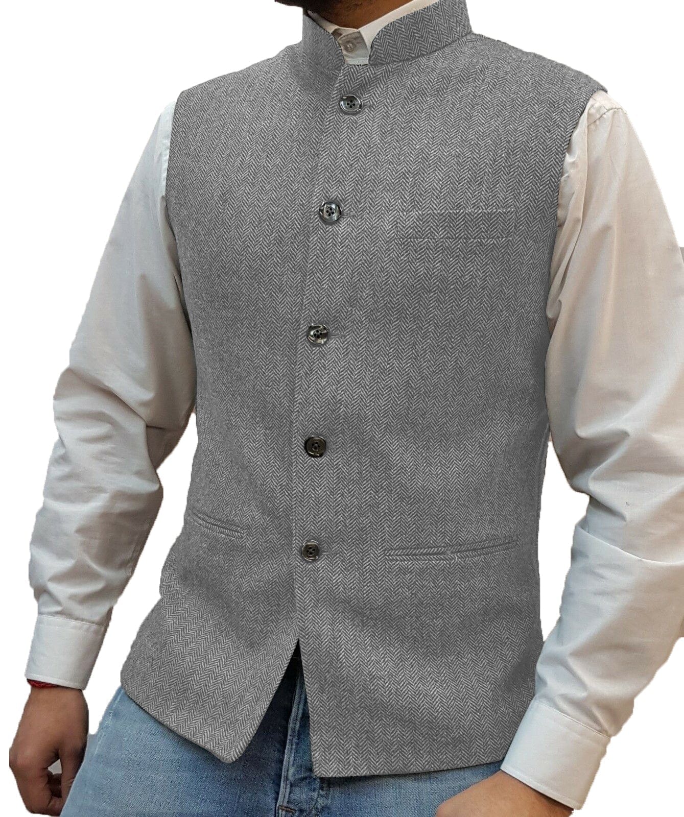 ceehuteey Men's Herringbone Stand Collar Formal Waistcoat