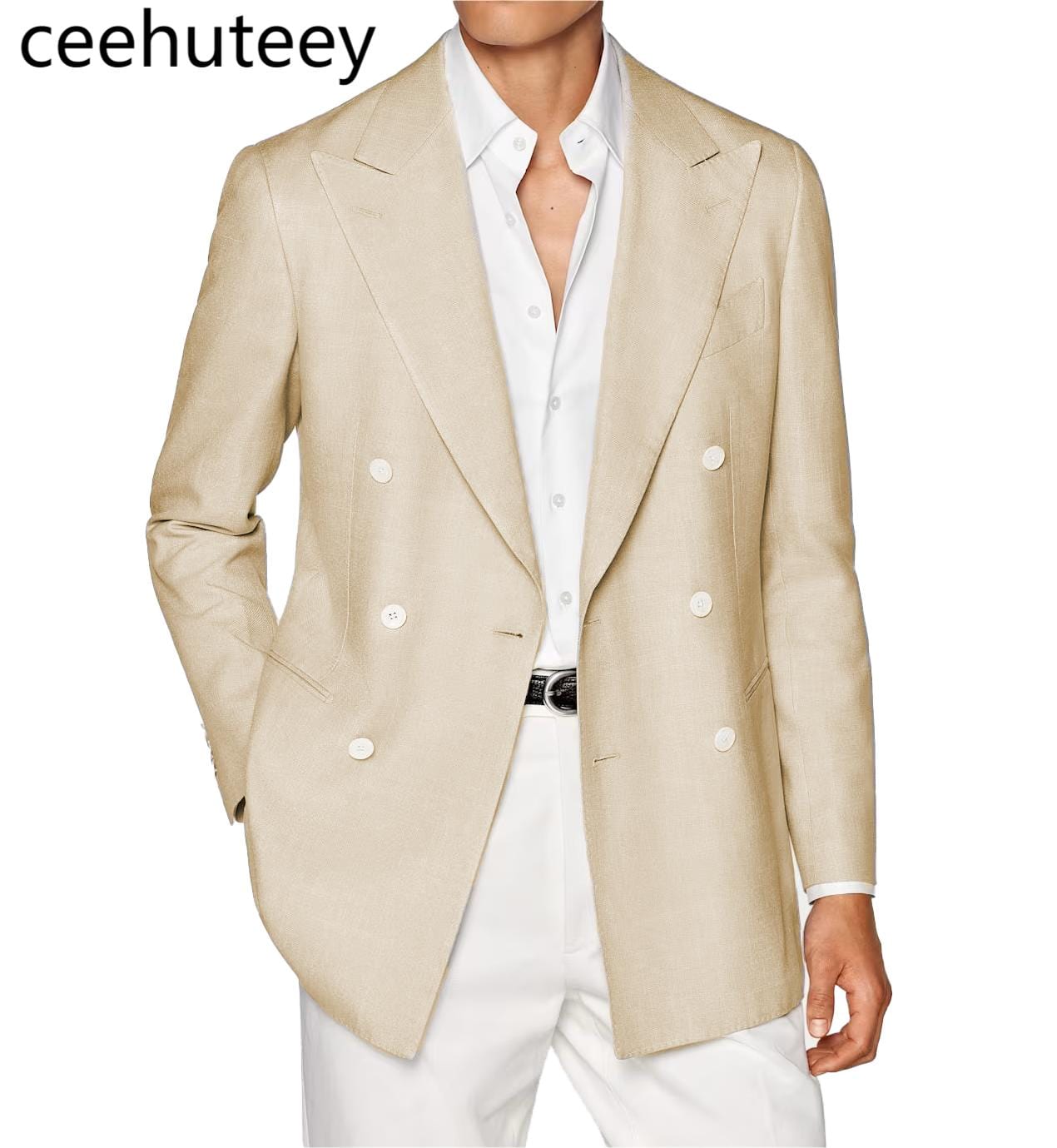 ceehuteey Men's Linen Fashion Notch Lapel Double Breasted Solid Blazer