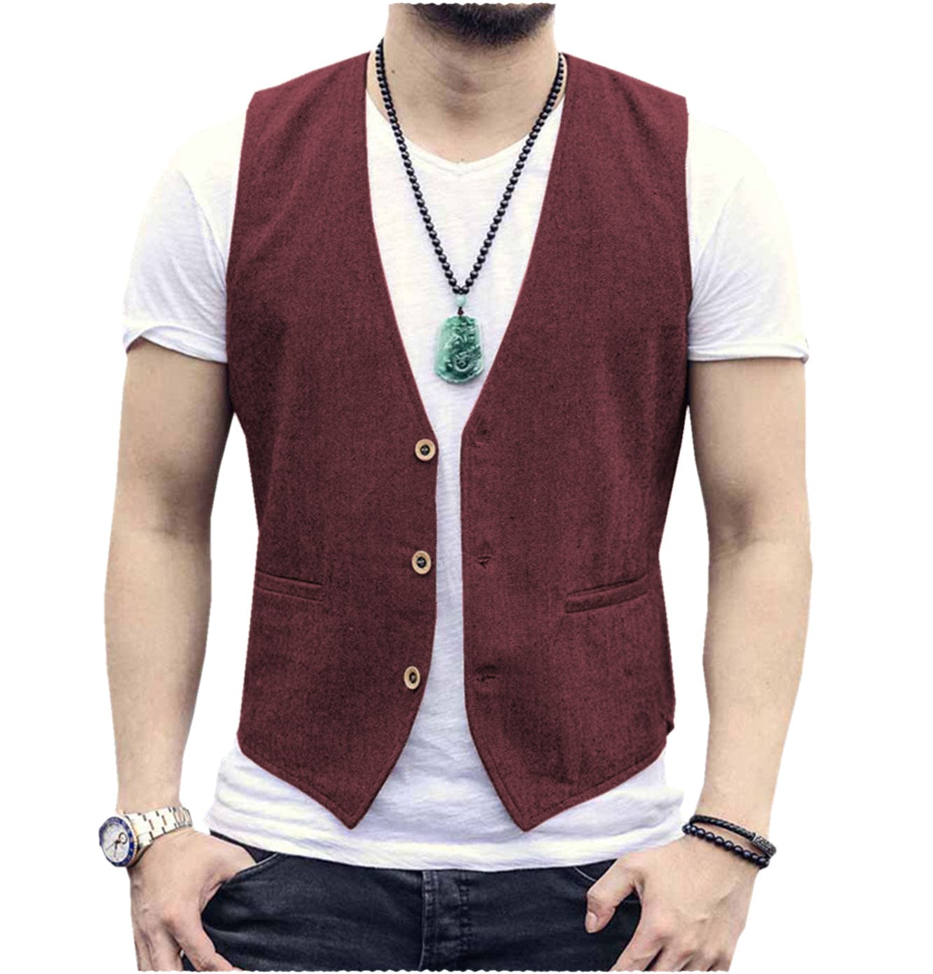 ceehuteey Men's Linen V Neck Casual Summer Waistcoat