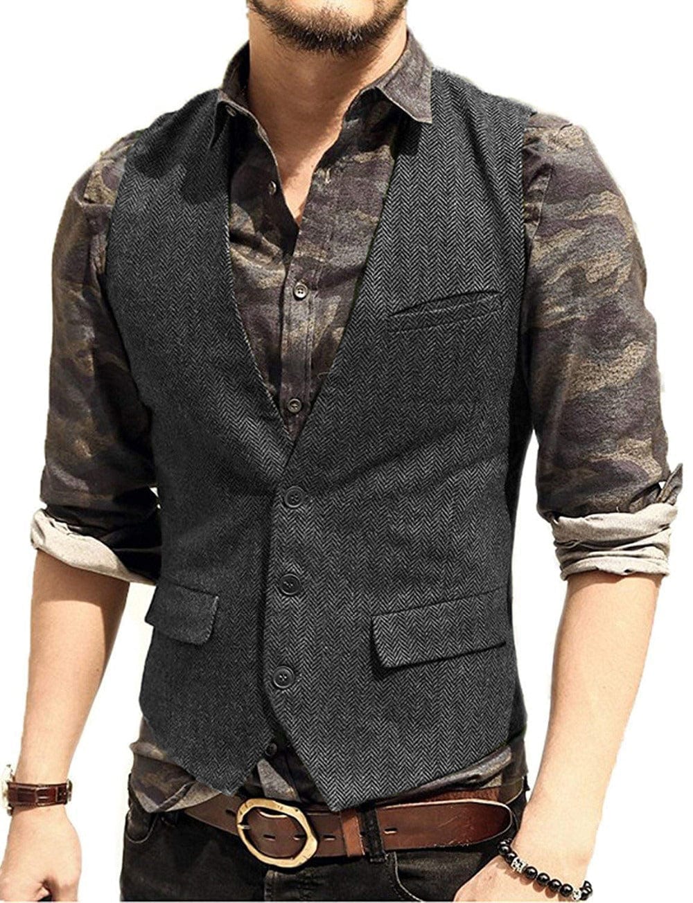 ceehuteey Men's Slim Fit Solid Herringbone V Neck Waistcoat