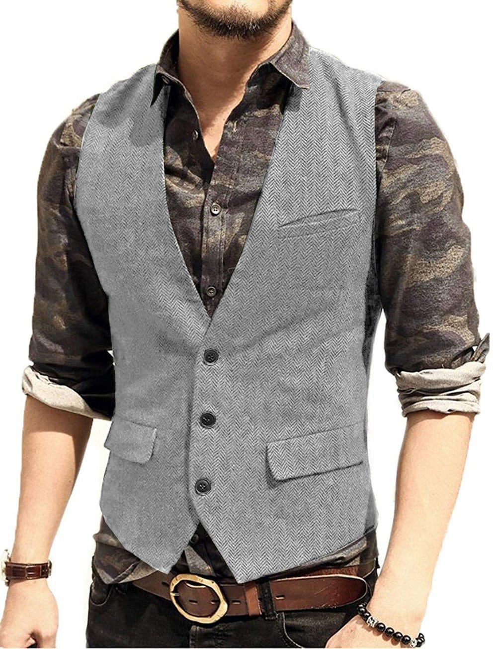 ceehuteey Men's Slim Fit Solid Herringbone V Neck Waistcoat