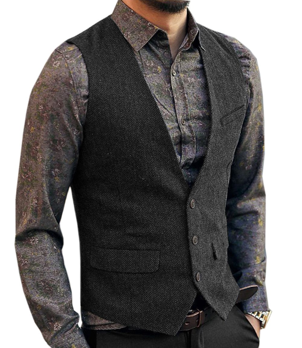 ceehuteey Men's Slim Fit Tweed Herringbone V Neck Casual Waistcoat