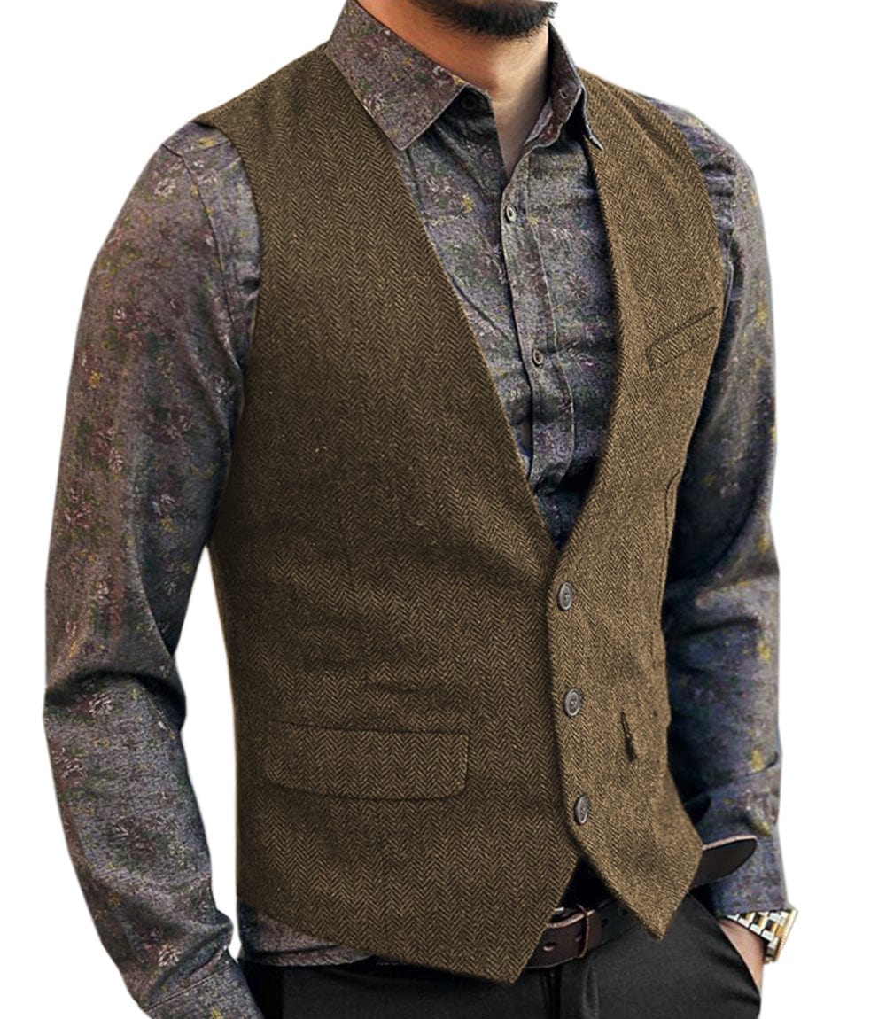 ceehuteey Men's Slim Fit Tweed Herringbone V Neck Casual Waistcoat