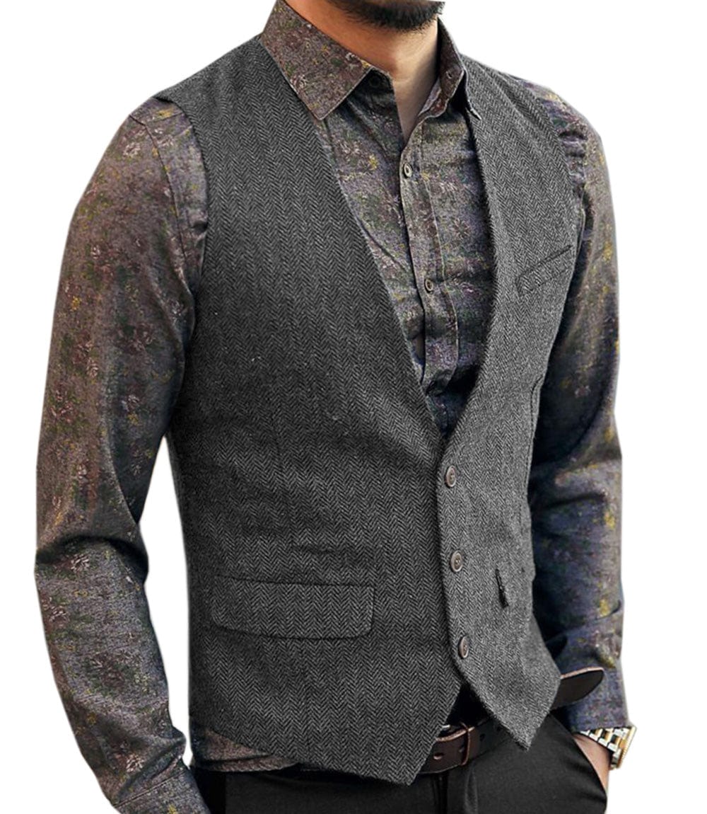 ceehuteey Men's Slim Fit Tweed Herringbone V Neck Casual Waistcoat