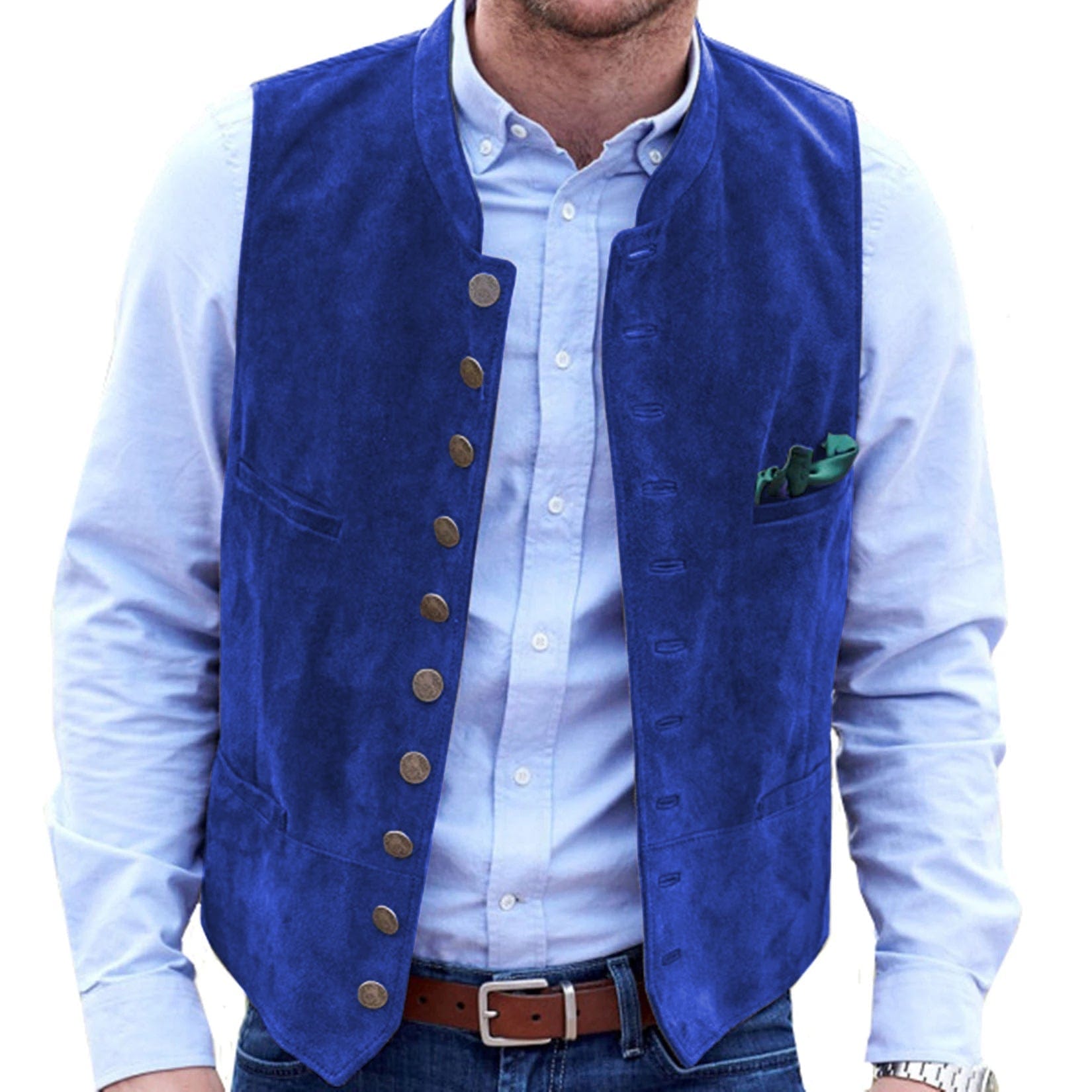 ceehuteey Men's Stand Collar Suede Fashion Waistcoat Denim Jacket