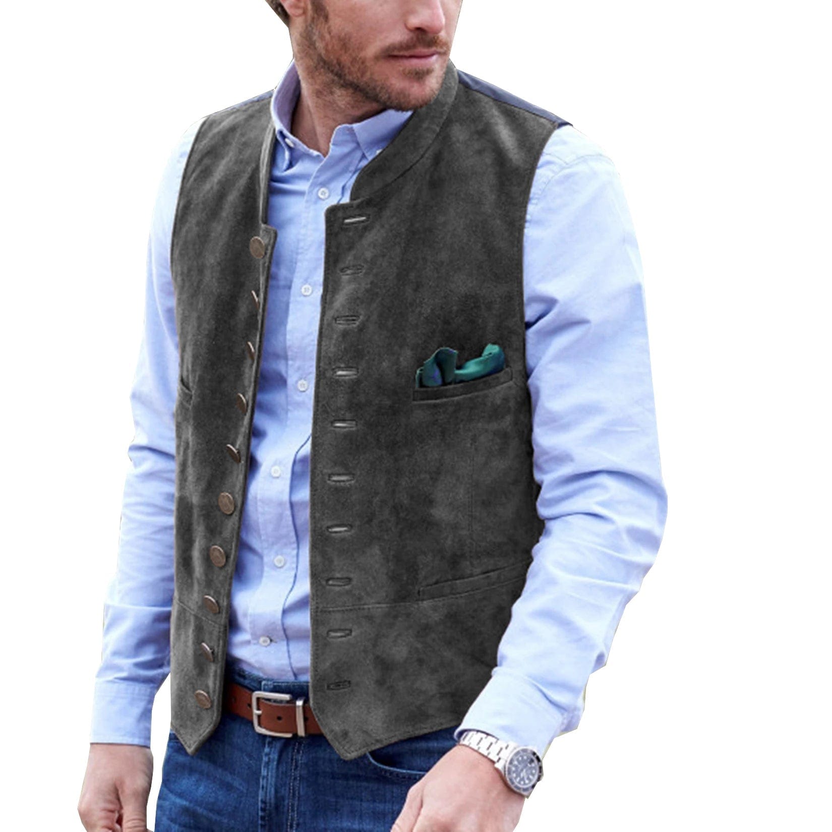 ceehuteey Men's Stand Collar Suede Fashion Waistcoat Denim Jacket