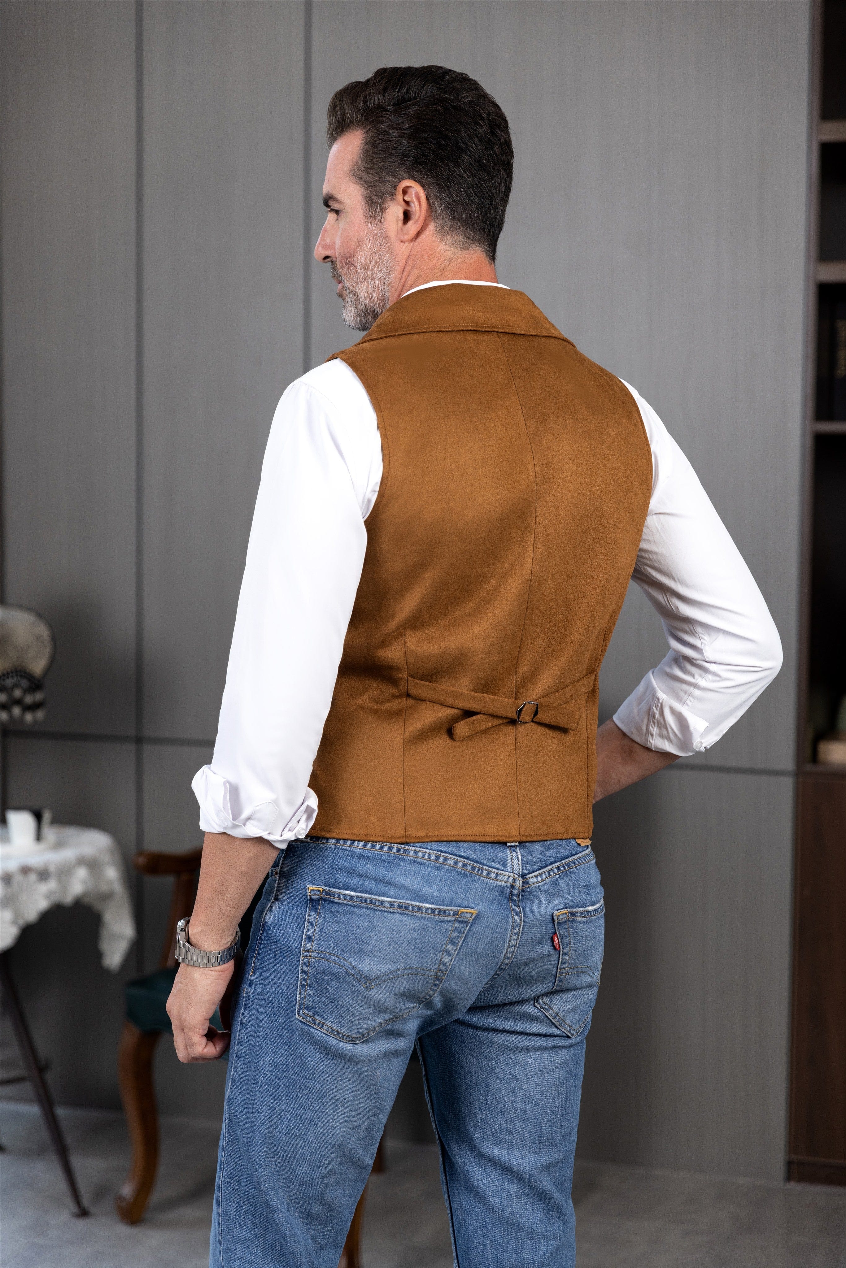 ceehuteey Men‘s Suede Cowboy Double Breasted Large Lapel Suede Classic Waistcoat