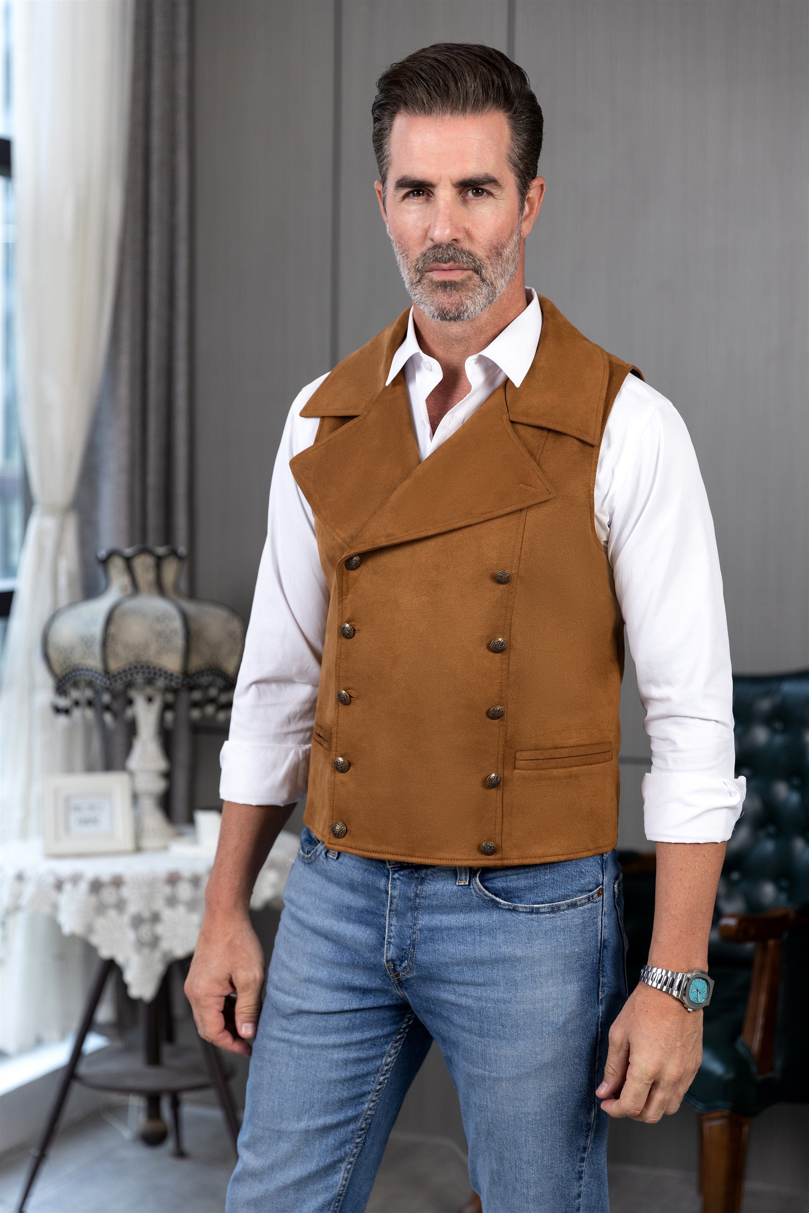 ceehuteey Men‘s Suede Cowboy Double Breasted Large Lapel Suede Classic Waistcoat