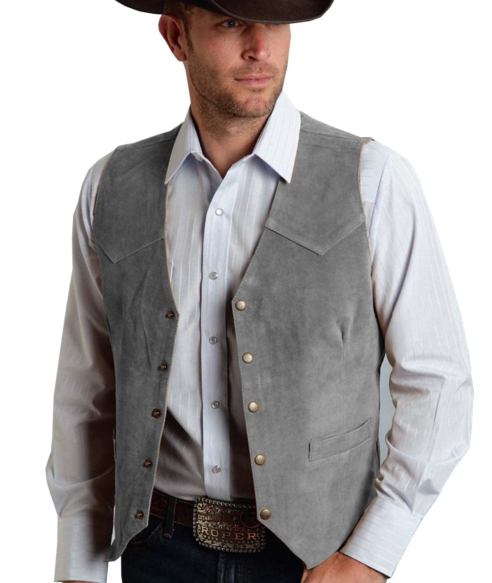 ceehuteey Men's Suede V  Denim Jacket Neck Waistcoat Denim Jacket