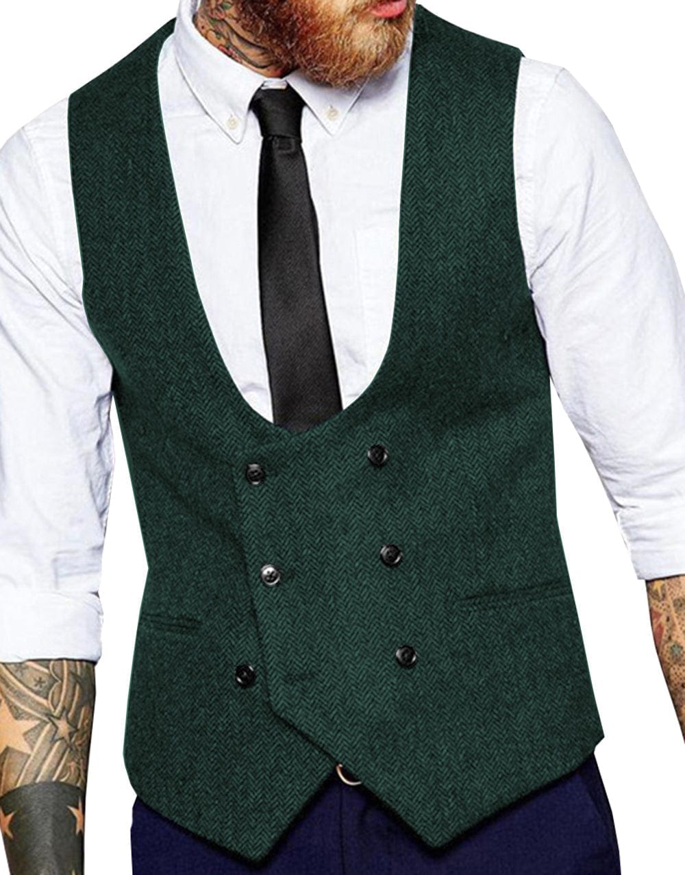 ceehuteey Men's Tweed Herringbone Double Breasted U Neck Waistcoat