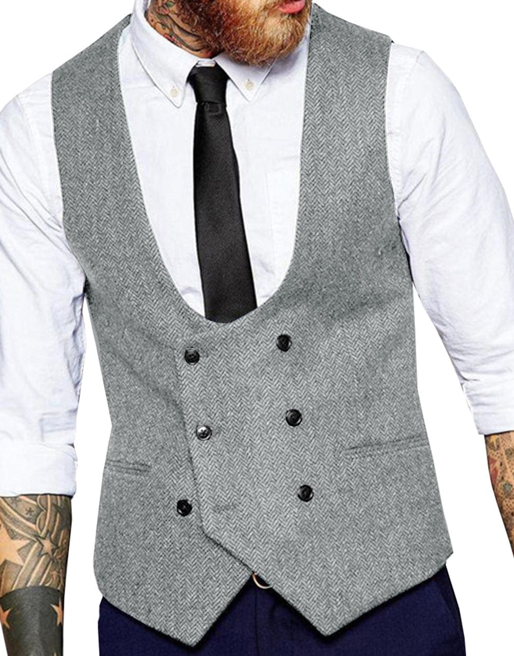 ceehuteey Men's Tweed Herringbone Double Breasted U Neck Waistcoat