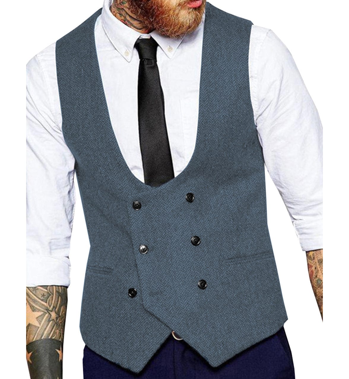 ceehuteey Men's Tweed Herringbone Double Breasted U Neck Waistcoat