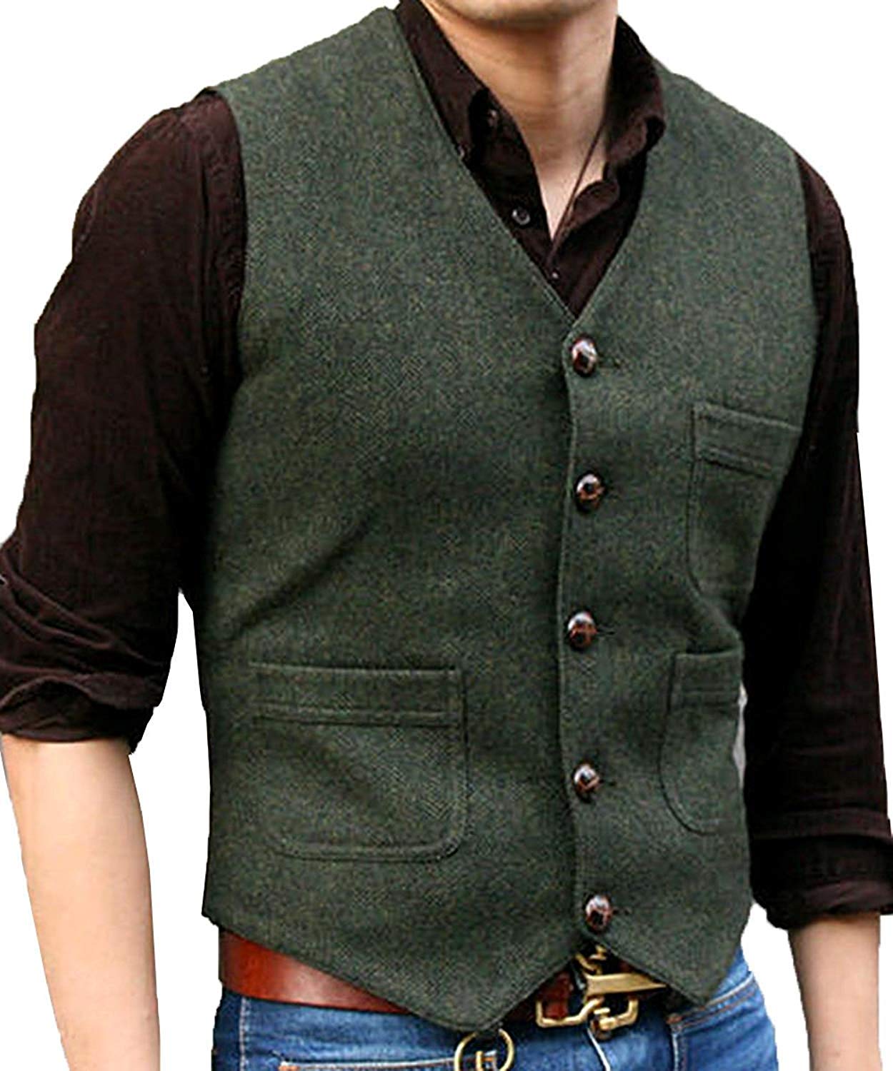 ceehuteey Men's Tweed Herringbone Vintage V Neck Waistcoat