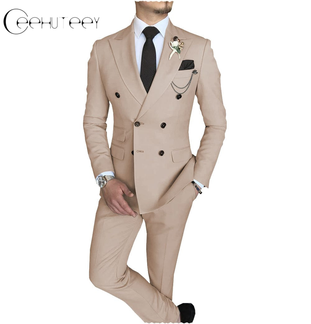 ceehuteey Mens 2 Piece Suit Slim Fit Double Breasted Peak Lapel Mens Coat (Blazer+Pants)