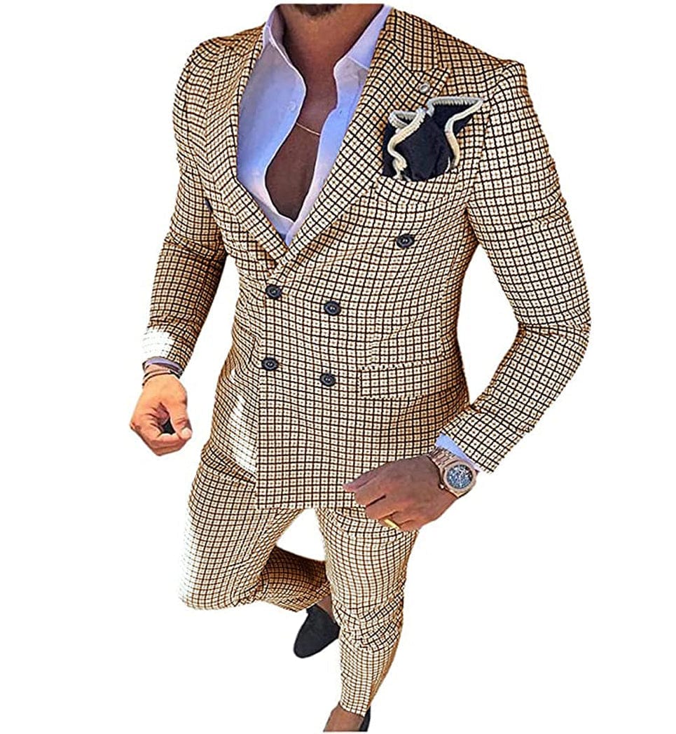 ceehuteey Mens 2 Pieces Plaid Suit Double Breasted Houndstooth Peak Lapel  (Blazer+Pants)