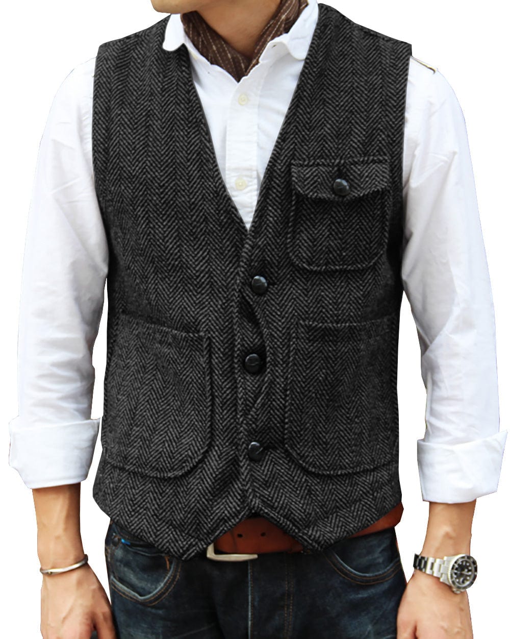 ceehuteey Mens Causual V Neck Tweed Herringbone Waistcoat