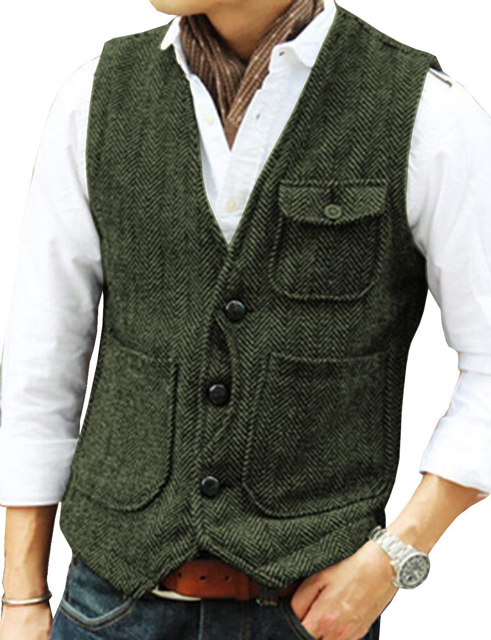 ceehuteey Mens Classic Tweed Herringbone Vintage V Neck Waistcoat