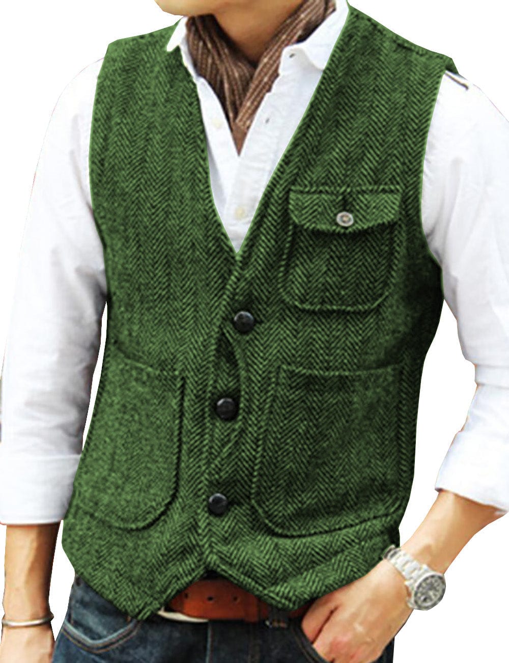 ceehuteey Mens Classic Tweed Herringbone Vintage V Neck Waistcoat