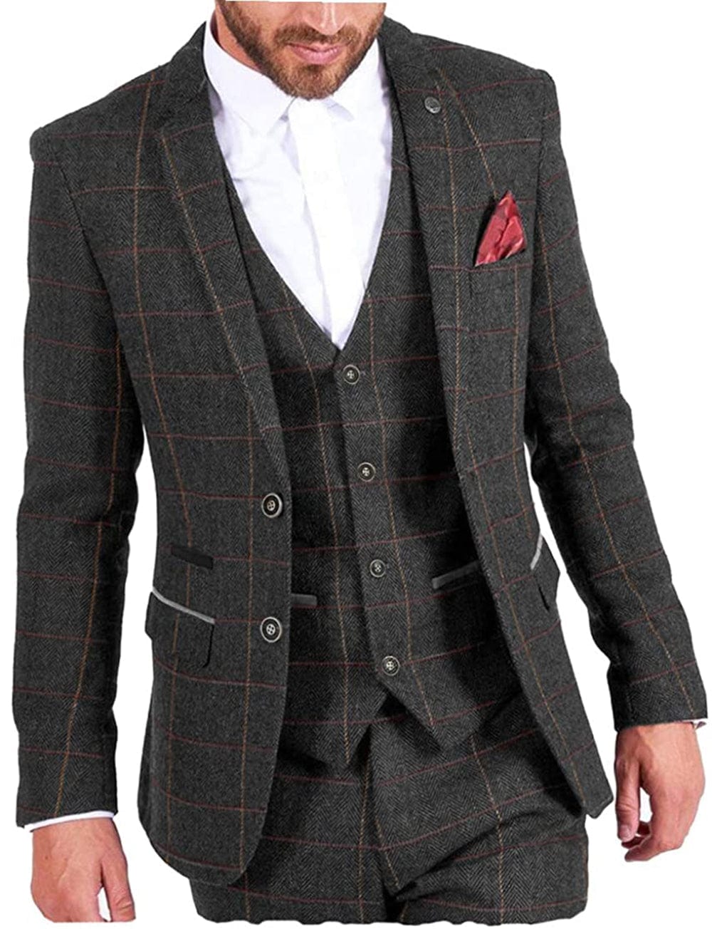 ceehuteey Vintage Classic Men's 3 Pieces Plaid Notch Lapel Suit (Blazer+vest+Pants)